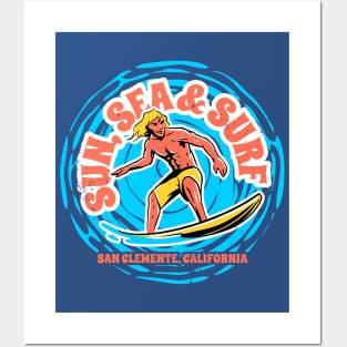 Vintage Sun, Sea & Surf San Clemente, California // Retro Surfing // Surfer Catching Waves Posters and Art